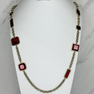 Chico's Long Gold Tone Red Faceted Crystal Bezel Station Rolo Chain Necklace ✨